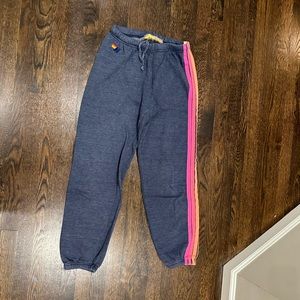 5 Stripe Sweatpants in Navy with Neon Stripes.